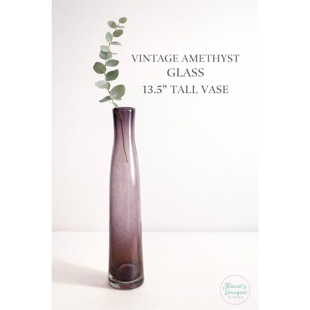 Vintage Purple Amethyst Art Glass Bud Vase With Curvy Design 13.5" Tall